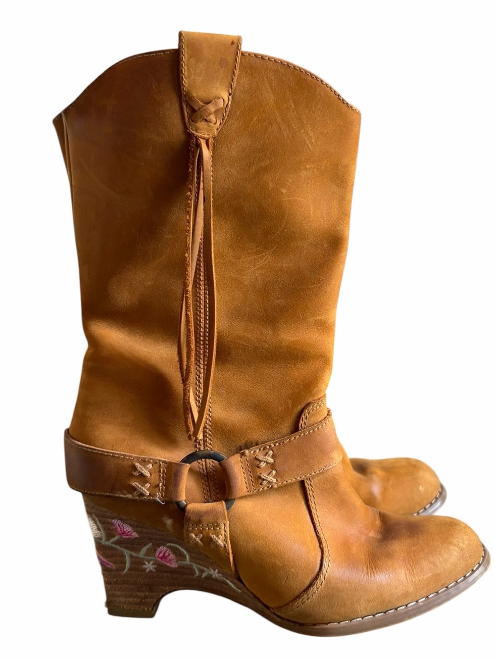 Seychelles Tan Leather Wedge Heel Cowboy Boots Floral Embroidery